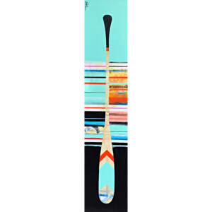 Aqua, black, red, beige, and yellow canoe paddle painting by Sylvain Leblanc.