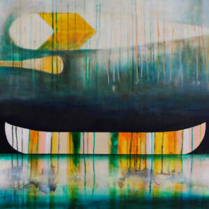 Les reflets turquoises, mixed media canoe painting by Sylvain Leblanc | Effusion Art Gallery, Invermere BC