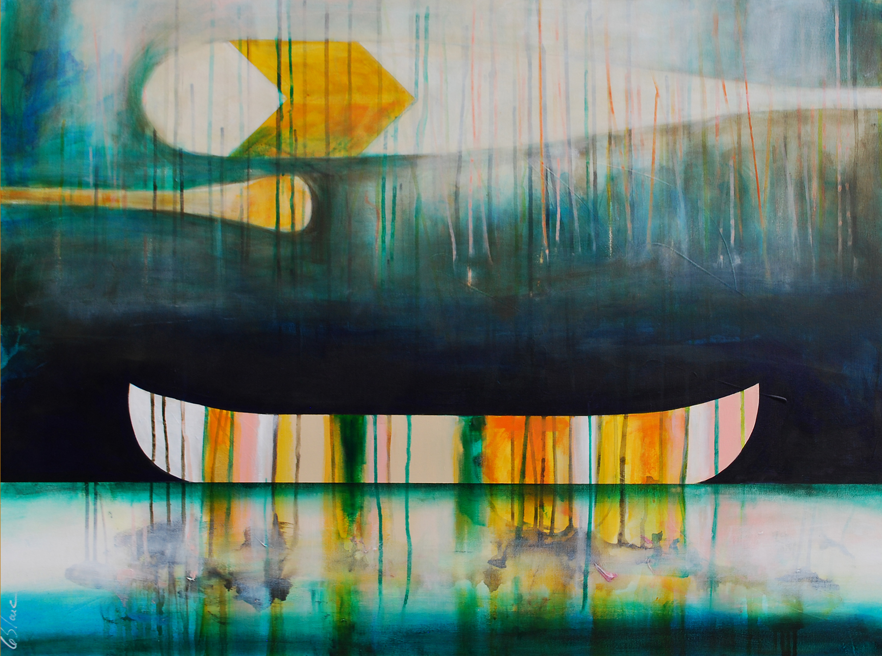 Les reflets turquoises, mixed media canoe painting by Sylvain Leblanc | Effusion Art Gallery, Invermere BC