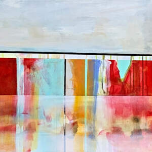 Dreamy mixed media aqua, red, beige, and orange canoe painting by Sylvain Leblanc.