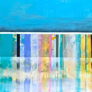 Dreamy light blue, beige, yellow, pink and orange canoe painting by Sylvain Leblanc.