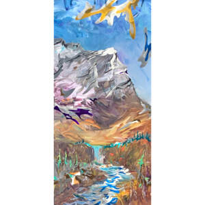 Muted abstract mountain painting with stainless steel and copper overlay by Joel Masewich.