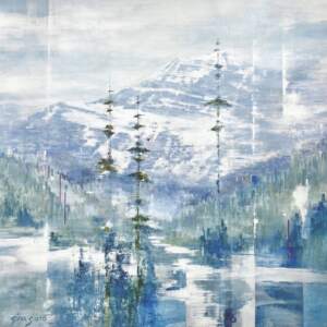 Original acrylic Rocky mountain, lake, and tree landscape painting by Gina Sarro in tones of soft blues, greens, and white.