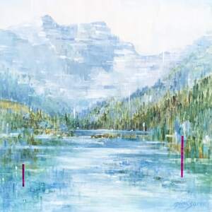 Original acrylic Rocky mountain, lake, and tree landscape painting by Gina Sarro in tones of soft blues, greens, and white.