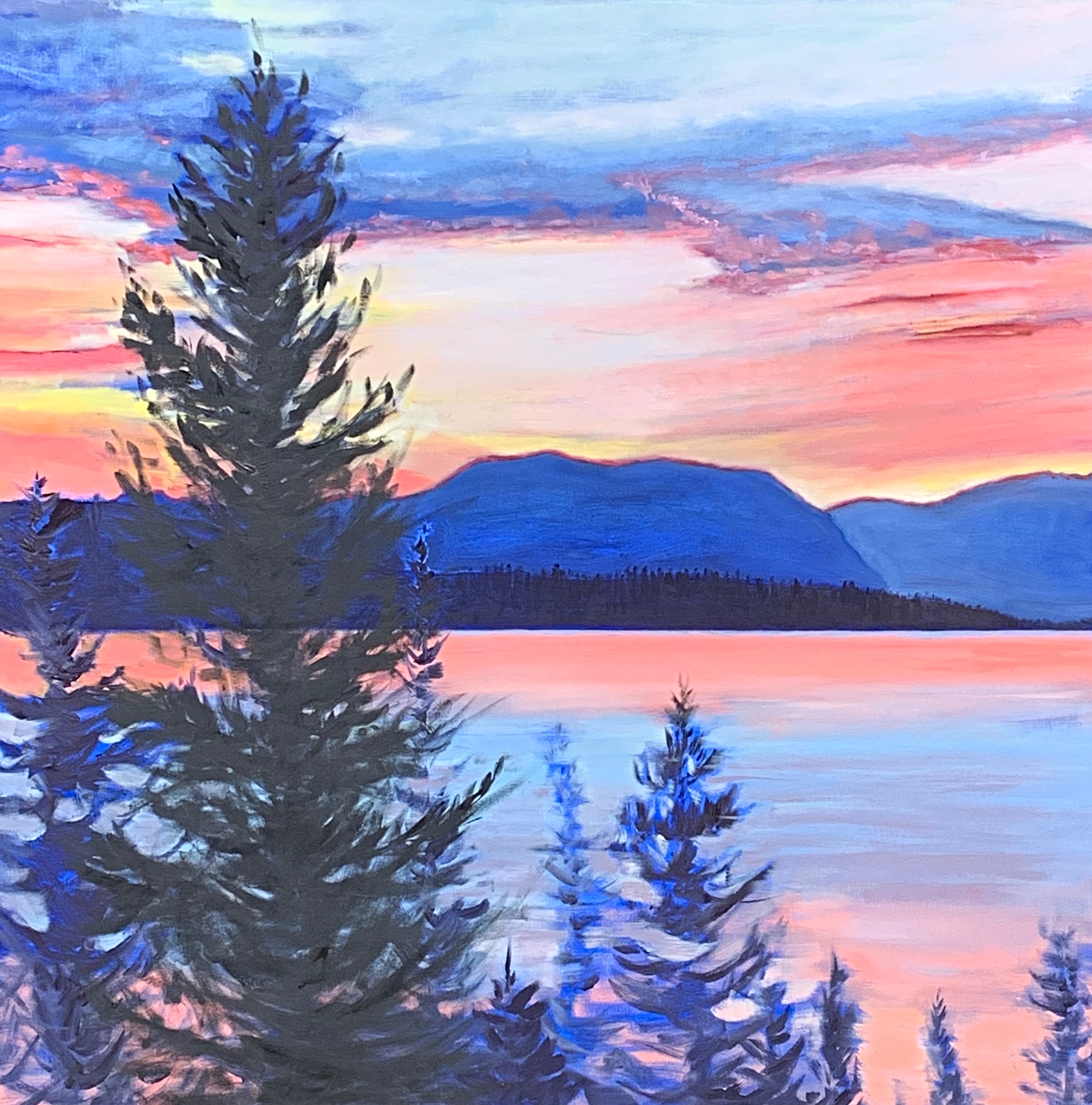 Lake Windermere, oil mountain sunset landscape painting by Stephanie Taylor | Effusion Art Gallery, Invermere BC