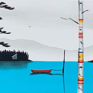 Original landscape painting of a bright blue lake with colorful cabins and dense trees in the background, a red canoe, and striped birch trees in the foreground by Natasha Miller.