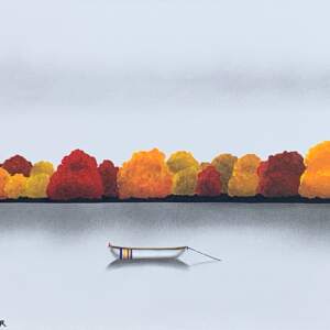 Mixed media landscape painting of a white canoe with HBC stripes floating on a river in front of orange, red, and gold autumn trees by Natasha Miller.
