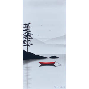 Mixed media painting of a red canoe in a stark light grey and black coastal landscape by Natasha Miller