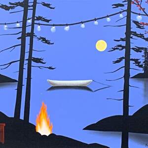 Painting of a summer evening landscape on the lake. There is a full moon in a purple sky, a white canoe, and a red adirondack chair beside a campfire with a string of fairy lights in the foreground by Natasha Miller.