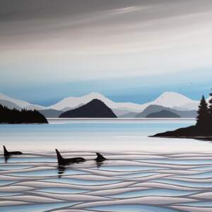 Original acrylic painting of orca whales swimming along the Pacific coast in shades of gray, soft blue, and black by Monica Morrill.