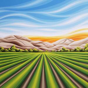 Original acrylic painting of a BC wine vineyard with the sun rising behind the mountains by Monica Morrill.