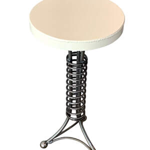 Mini Alpine Side Table, reclaimed steel with a coiled base and small round cream top by Wendy Stone.