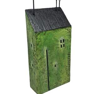 Cute 3-D grass green encaustic house painting by Brenda Walker.