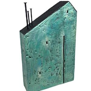 Cute 3-D soft turquoise encaustic house painting by Brenda Walker.