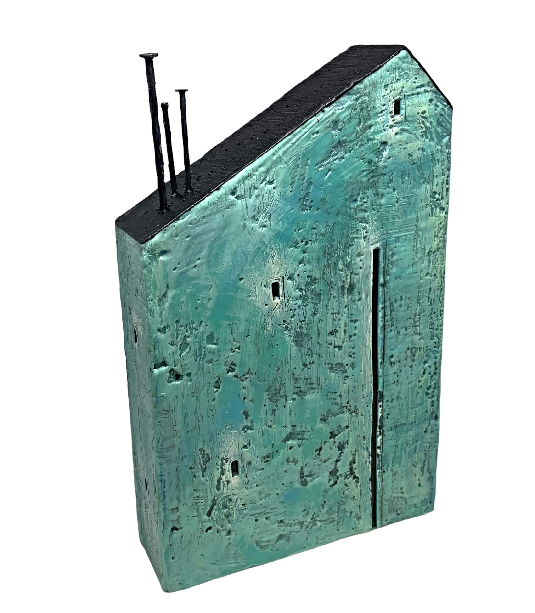 463 Bell Street, 3-D turquoise encaustic house painting by Brenda Walker | Effusion Art Gallery, Invermere BC