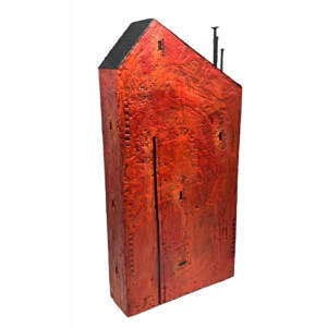 Cute 3-D tomato red encaustic house painting by Brenda Walker.