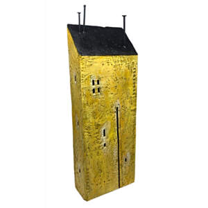 Cute 3-D sunshine yellow encaustic house painting by Brenda Walker.