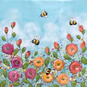 Original encaustic painting of cute bumblebees buzzing among pink and coral flowers on a sunny summer day by Brenda Walker.