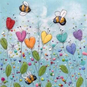 Original encaustic painting of cute bumblebees buzzing among rainbow heart flowers on a sunny summer day by Brenda Walker.