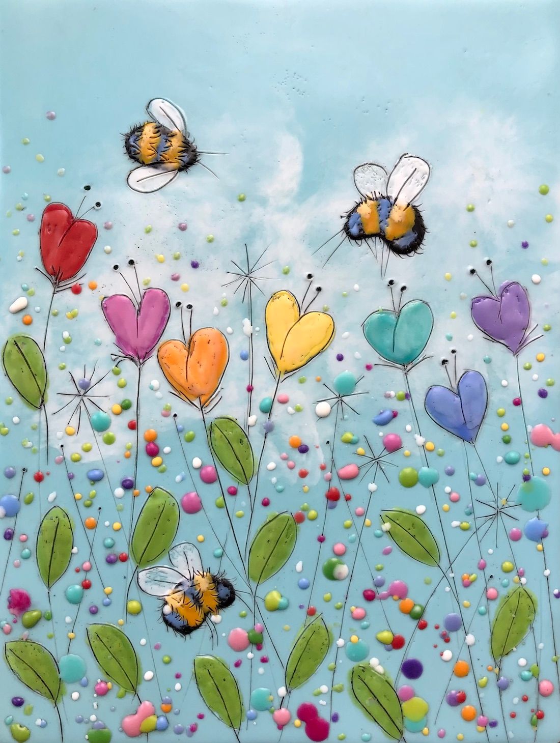 Just Bee 134, Original encaustic bee + rainbow heart flower painting by Brenda Walker | Effusion Art Gallery, Invermere BC