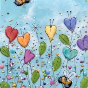 Original encaustic painting of cute bumblebees buzzing among rainbow heart flowers on a sunny summer day by Brenda Walker.
