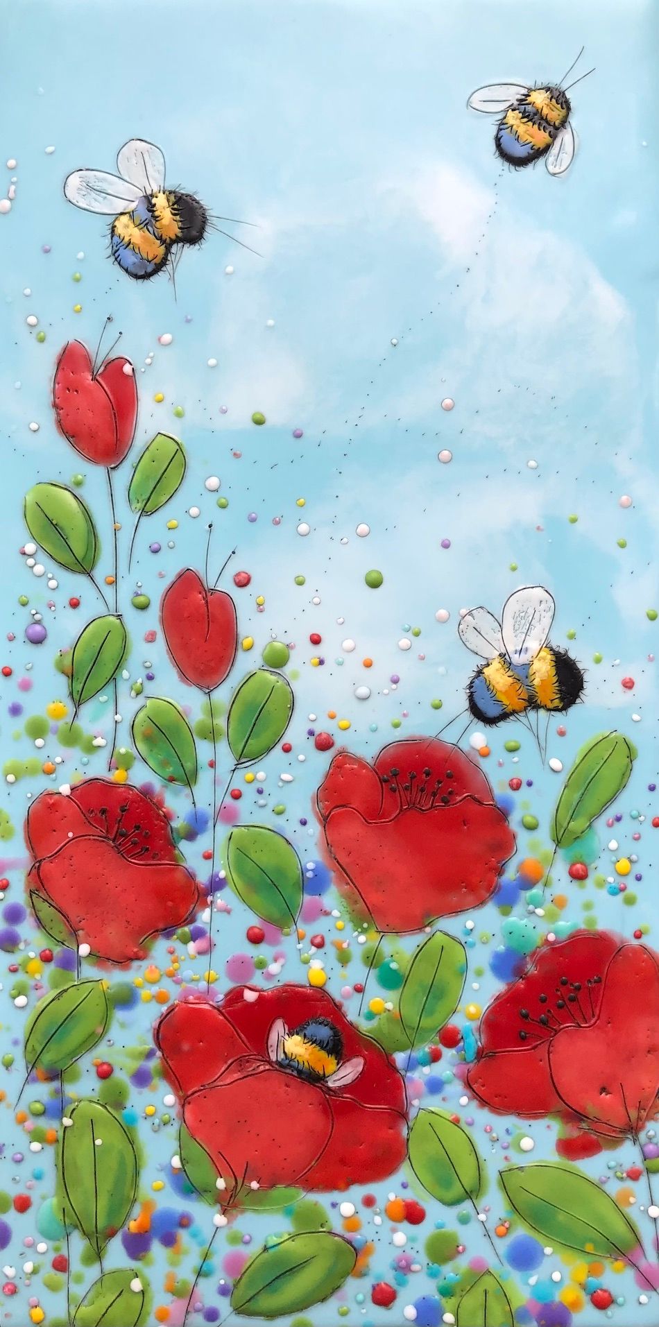 Just Bee 138, Original encaustic bee + flower painting by Brenda Walker | Effusion Art Gallery, Invermere BC