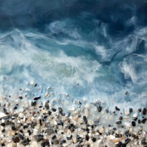 Original encaustic painting of a blue ocean with a real, textured sand, rock, and shell beach by Brenda Walker.
