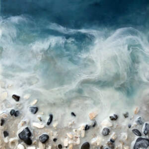 Original encaustic painting of a blue ocean with a real, textured sand, rock, and shell beach by Brenda Walker.