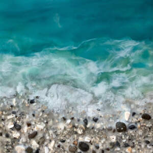 Original encaustic painting of a turquoise ocean with a real, textured sand, rock, and shell beach by Brenda Walker.