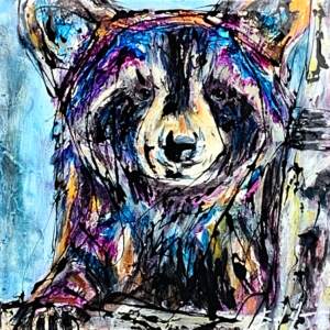 Original mixed media painting of a cute, mischievous raccoon in a tree on a light blue background by David Zimmerman.