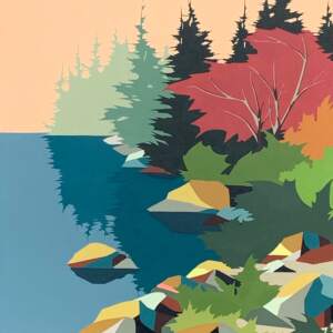 Michelle Barkway landscape painting of autumn trees next to a blue lake with a peach sky.