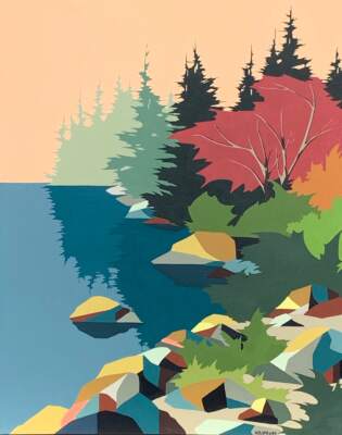 Crisp Mornings, original acrylic autumn lake landscape painting by Michelle Barkway at Effusion Art Gallery in Invermere, BC