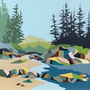 Original Michelle Barkway painting of a BC coastal landscape with trees, a rocky beach, and blue water.
