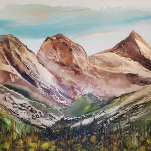 Original alcohol ink painting of Canmore's Three Sisters mountains in the summer by Paulina Tokarski.