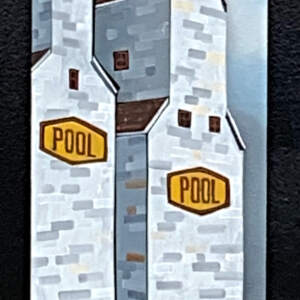 Original 3-D scroll-cut wood painting of two grey and red Pool grain elevators on the prairie by Mark Farand.