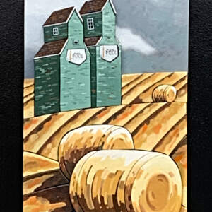 Original 3-D scroll-cut wood painting of two turquoise Pool grain elevators and hay bales on the prairie by Mark Farand.