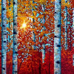 Original acrylic painting of sunshine peeking through red and gold birch trees on a clear autumn day by Melissa Jean.