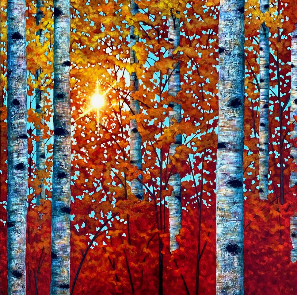 Fall Passion, original acrylic red and gold autumn tree painting by Melissa Jean at Effusion Art Gallery in Invermere, BC.