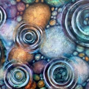 Original acrylic painting of raindrops falling into a clear lake with smooth, colorful rocks at the bottom by Melissa Jean.