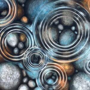 Original acrylic painting of raindrops falling into a clear lake with smooth, colorful rocks at the bottom by Melissa Jean.