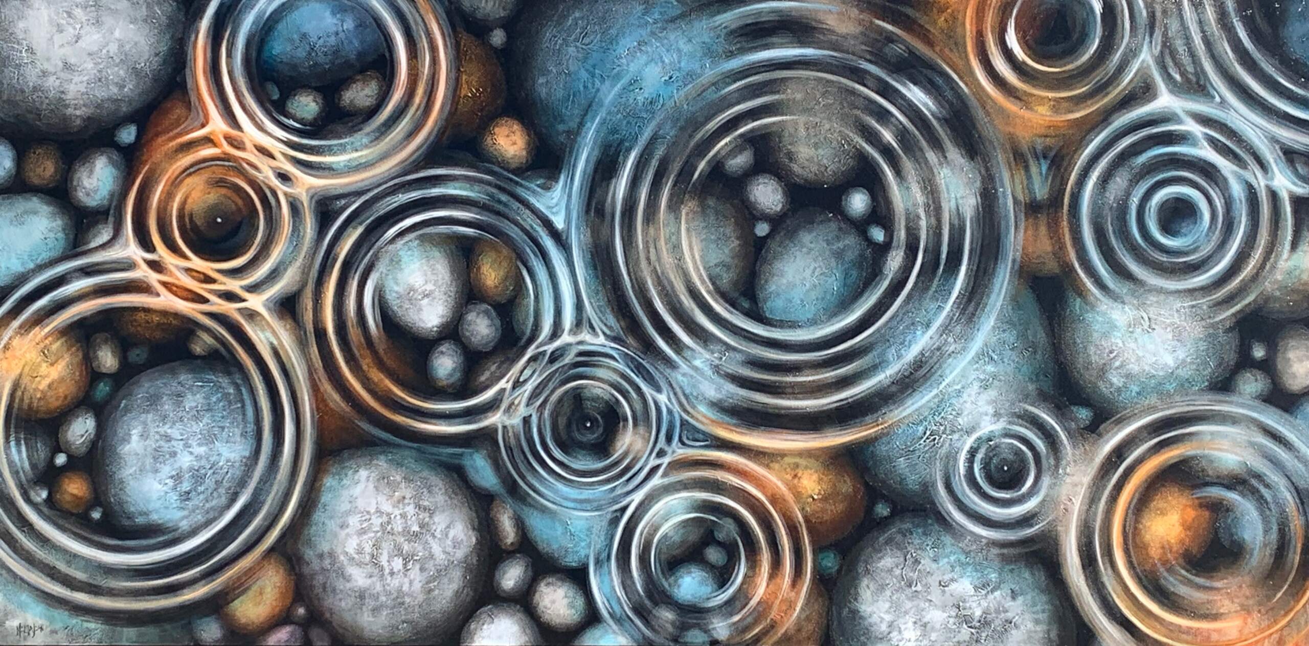 The Last of the Raindrops, original acrylic raindrops in the lake painting by Melissa Jean at Effusion Art Gallery in Invermere, BC.