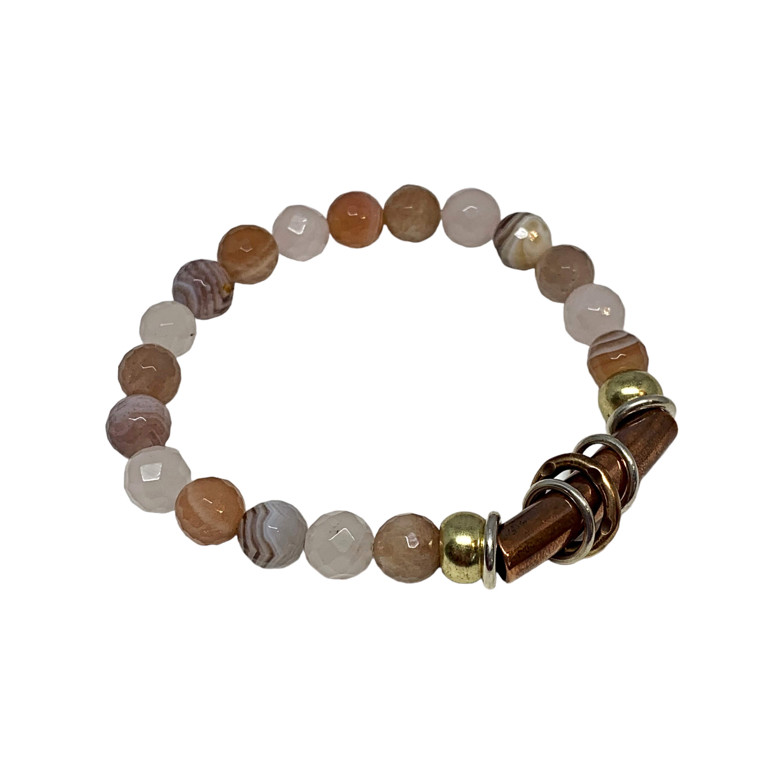 Handmade moonstone and rose quartz stretch bracelet by Karyn Chopik at Effusion Art Gallery in Invermere, BC.