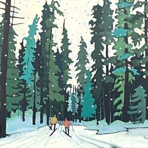 Original acrylic painting of cross country skiers at Nipika Resort by Eleanor Lowden.