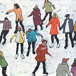 Original acrylic painting of ice skating on the lake by Eleanor Lowden.