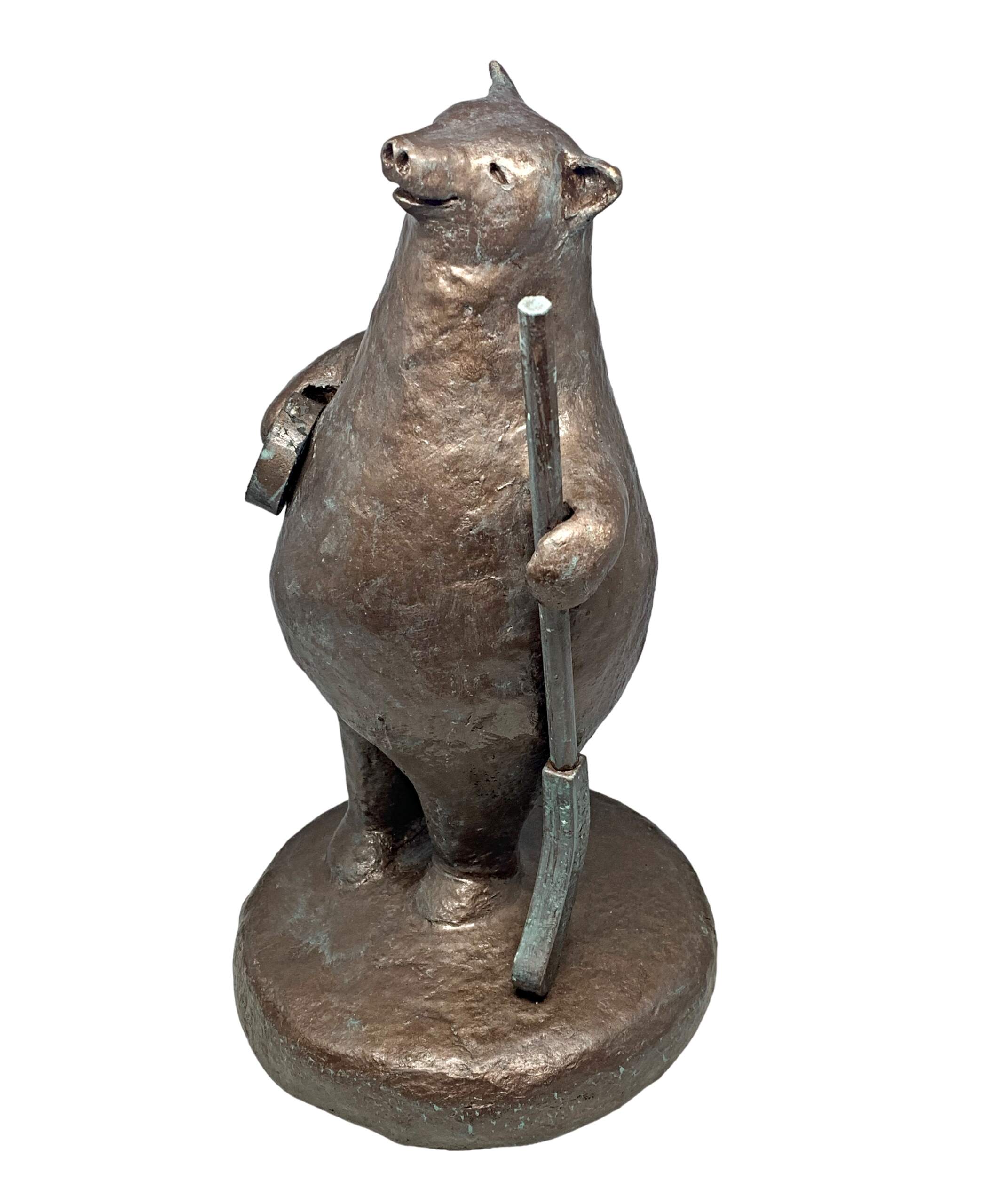 Hockey Game ON, cute mixed media hockey bear sculpture by Karin Taylor at Effusion Art Gallery in Invermere, BC.