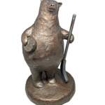 Hockey Game ON, cute mixed media hockey bear sculpture by Karin Taylor at Effusion Art Gallery in Invermere, BC.