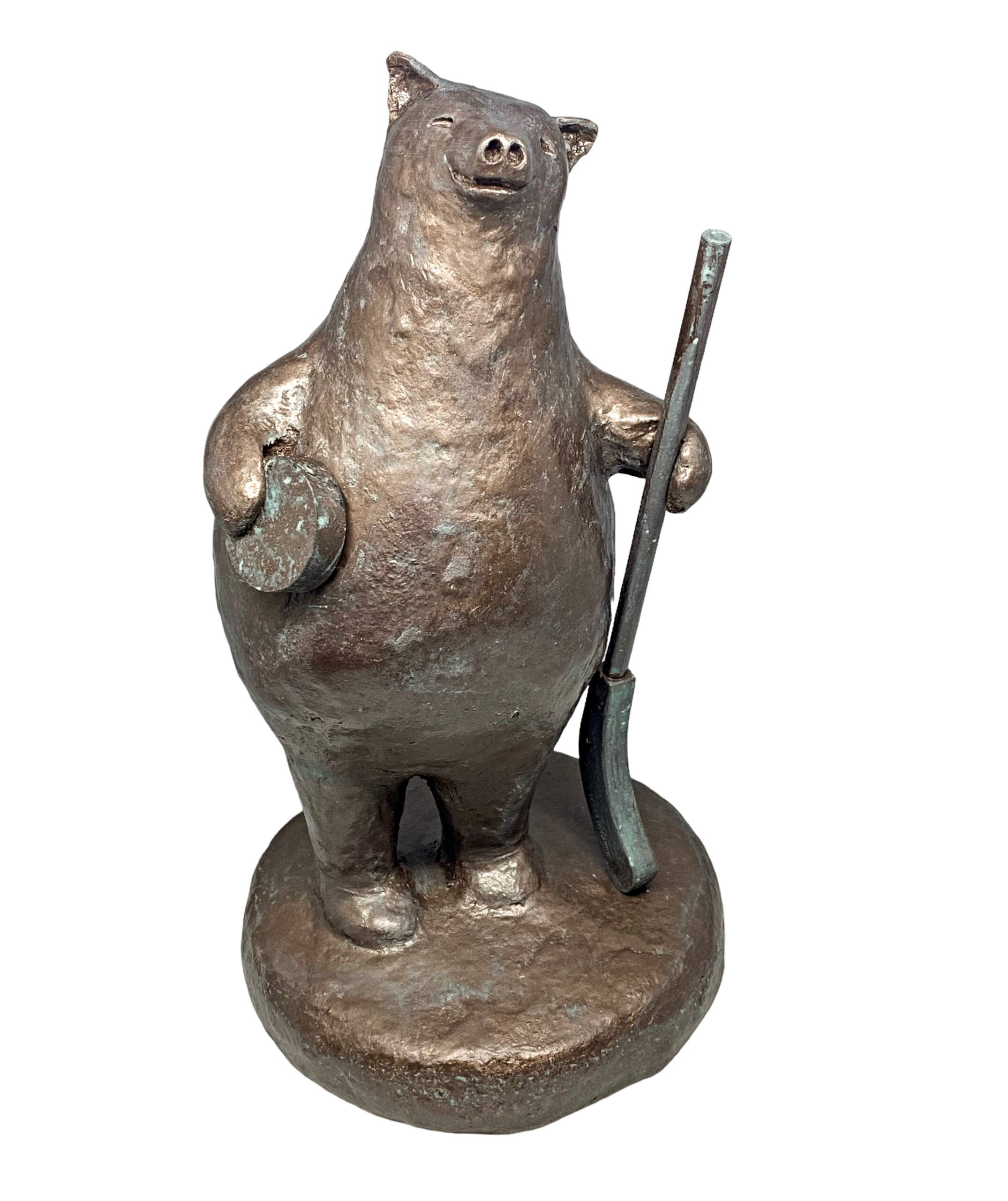 Hockey Game ON, cute mixed media hockey bear sculpture by Karin Taylor at Effusion Art Gallery in Invermere, BC.