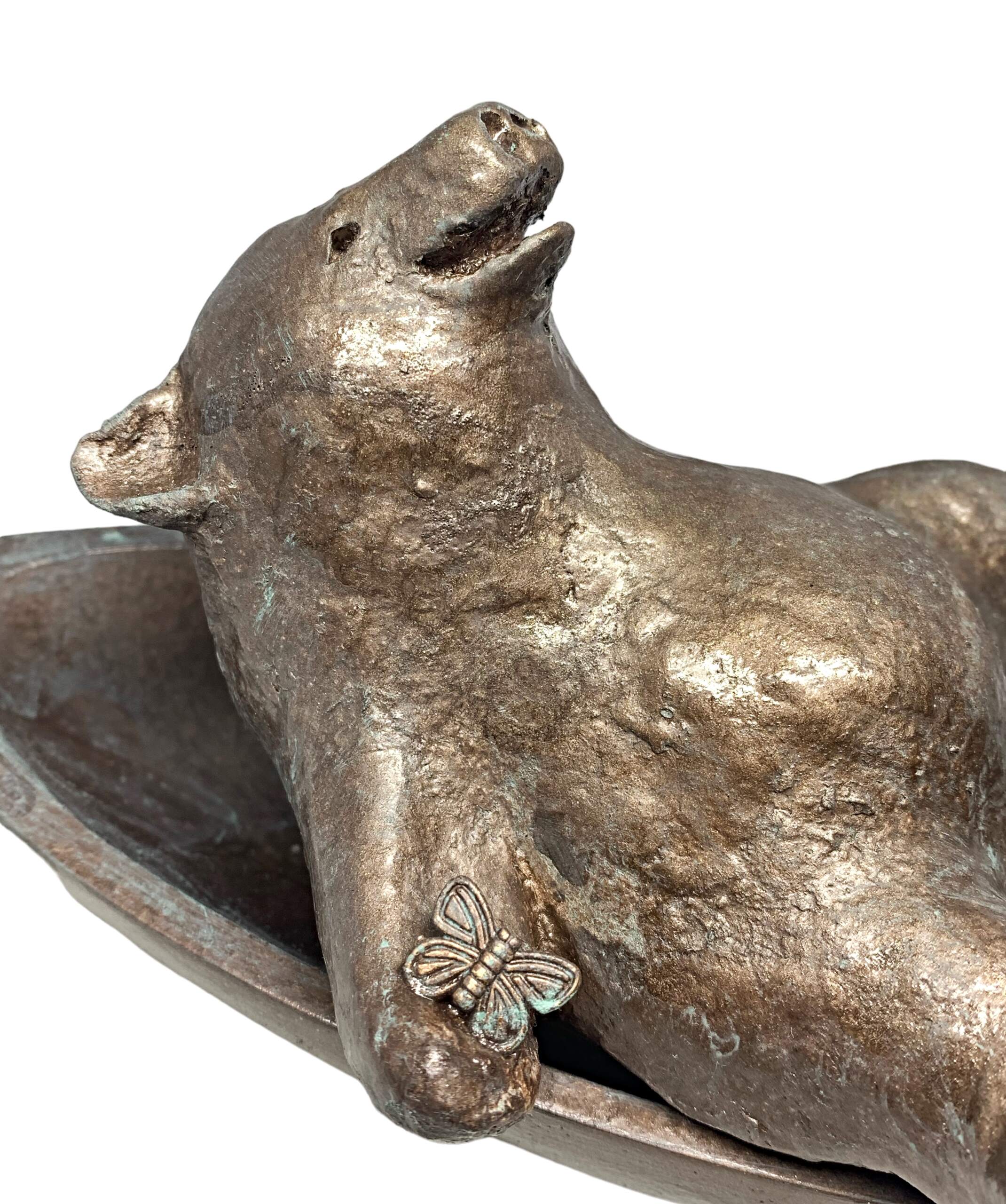 I Remember Summer, cute mixed media bear sculpture relaxing in a canoe by Karin Taylor at Effusion Art Gallery in Invermere, BC.