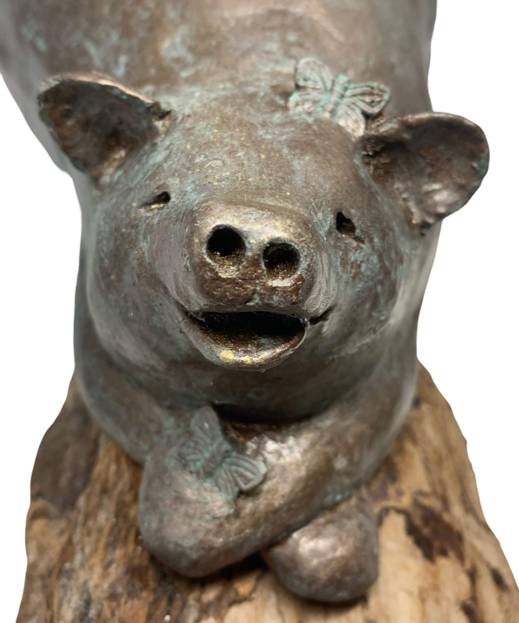 My Happy Place, cute mixed media bear sculpture relaxing on driftwood by Karin Taylor at Effusion Art Gallery in Invermere, BC.