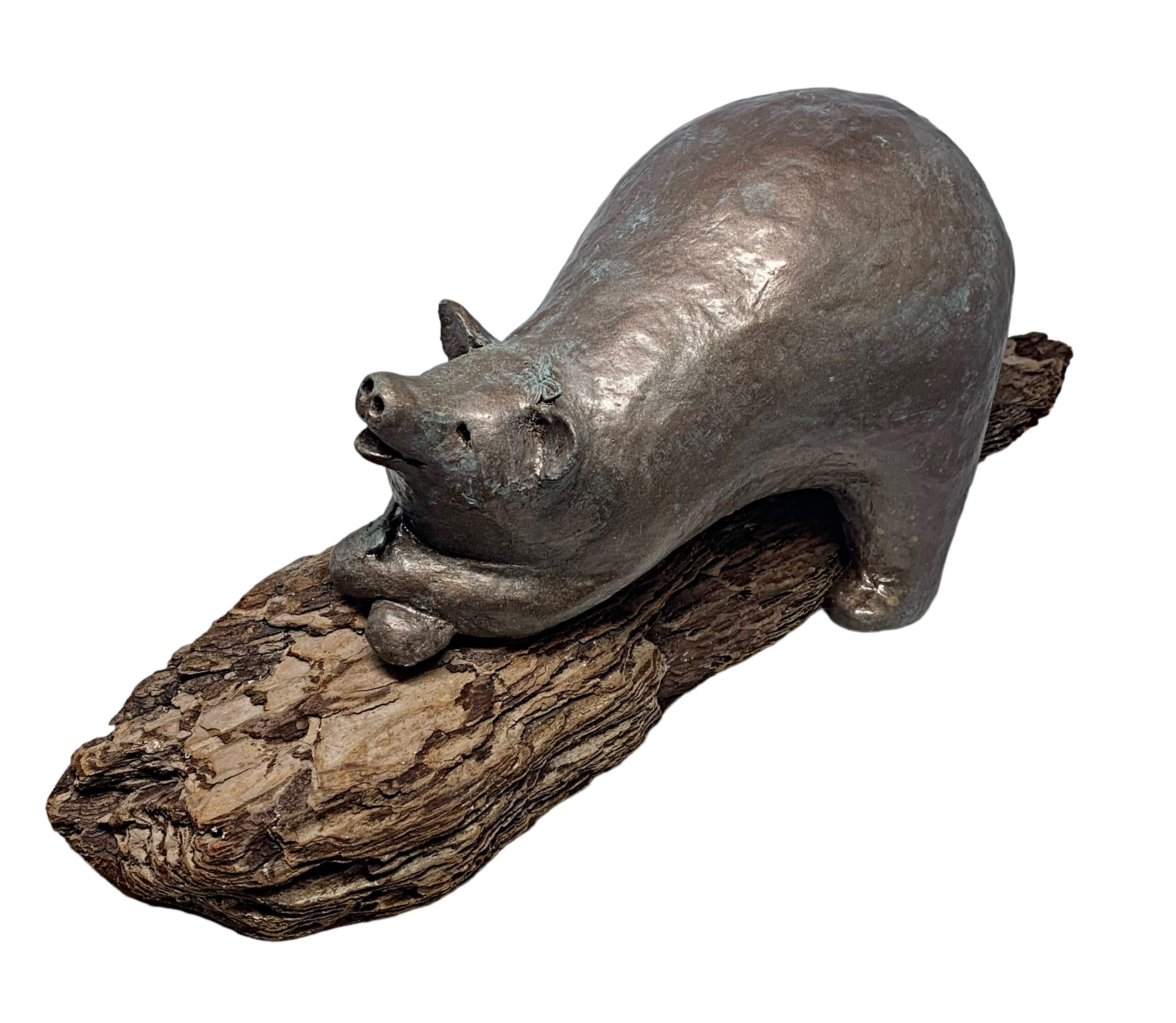 My Happy Place, cute mixed media bear sculpture relaxing on driftwood by Karin Taylor at Effusion Art Gallery in Invermere, BC.